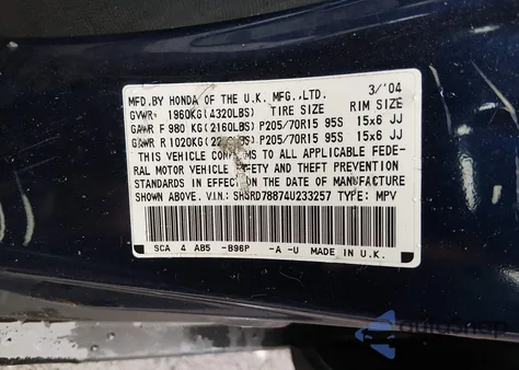 2004 Honda Cr-V Ex from USA, damaged, VIN SHSRD78874U233257